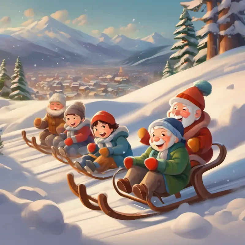 children tobogganing down a snow-covered hill with laughing grandparents, the snowy mountains around them