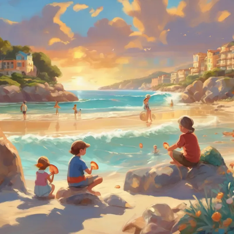 a sunny Spanish beach with waves, children holding seashells to their ears while grandparents smile, sunny and bright atmosphere