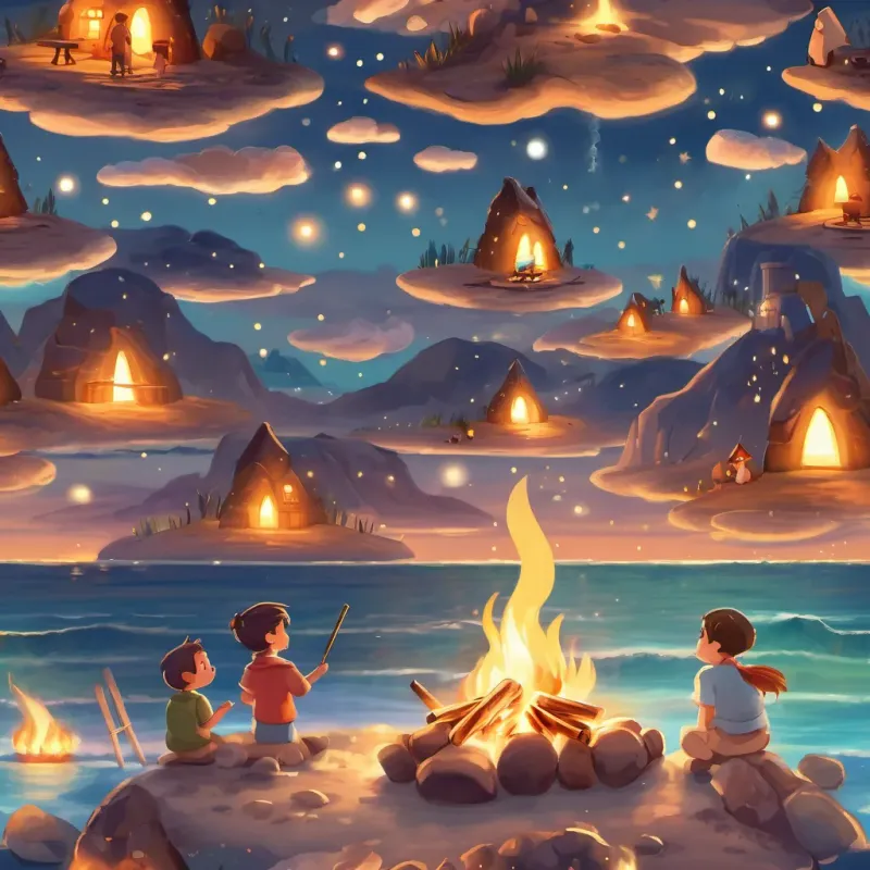 a cozy bonfire on the beach, children roasting marshmallows with their grandparents, starry sky above