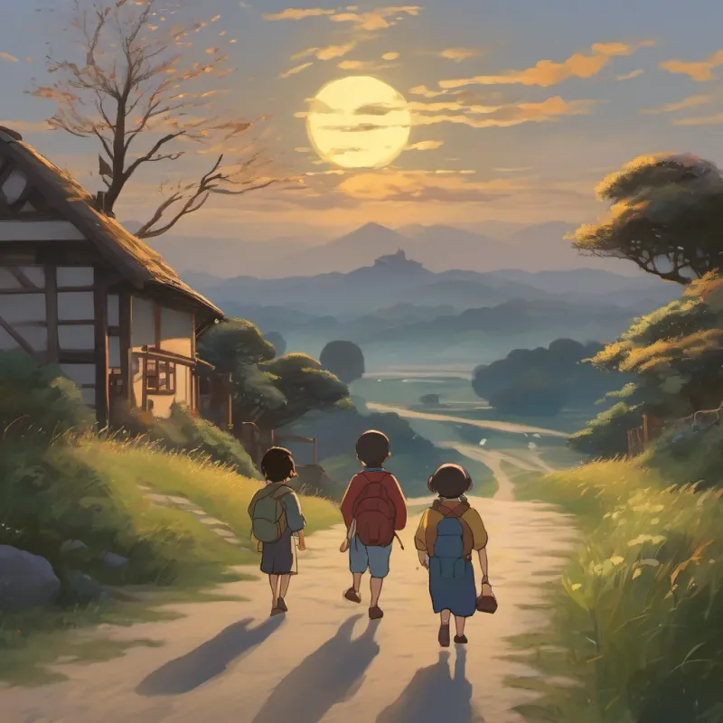 The siblings walking back home through a serene, moonlit landscape with a setting sun in the background.