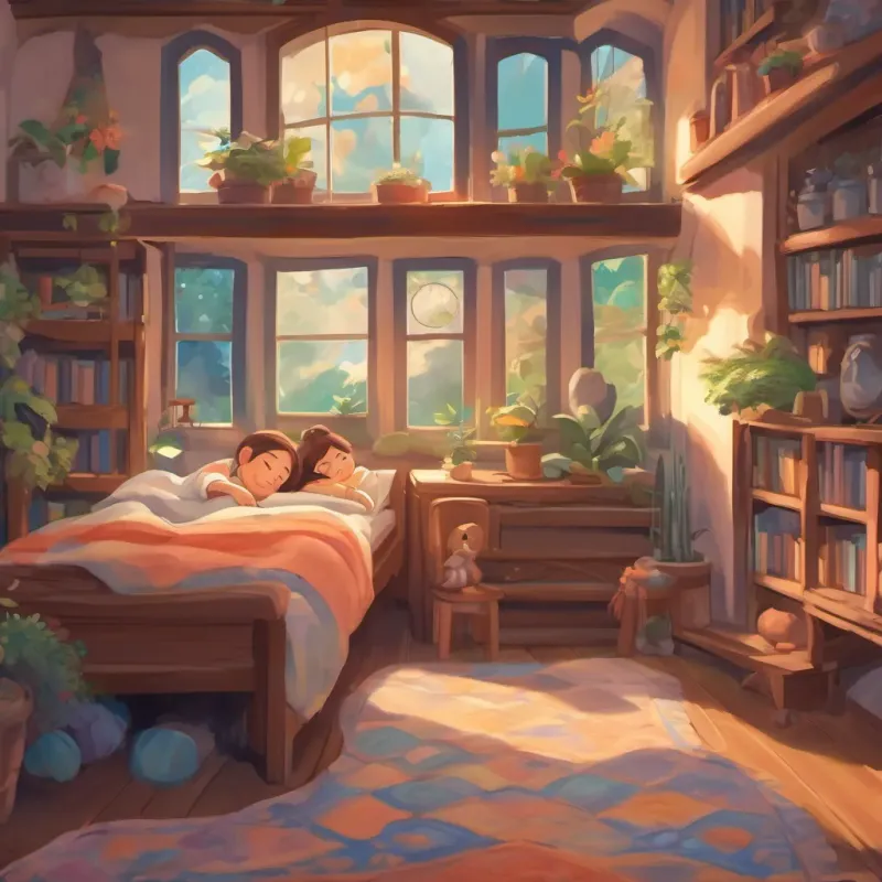 The siblings back in their cozy home, asleep with dreamy expressions, while magical dreams swirl above their heads.