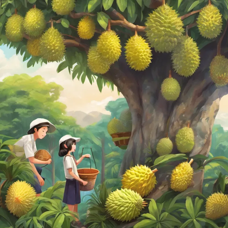Big Brother is the oldest sister who is responsible and knowledgeable about gardening. She plans and divides duties among her siblings. P'Klang is a smart older brother who has the ability to invent. He created a device that helps with watering and caring for durian trees. The maknae is a kind and gentle younger sister. She keeps a close eye on the durian trees. Water and fertilize the durian tree every day. The youngest is an imaginative and curious younger brother. He helps his older siblings by picking ripe durian fruit and selling them at the market.