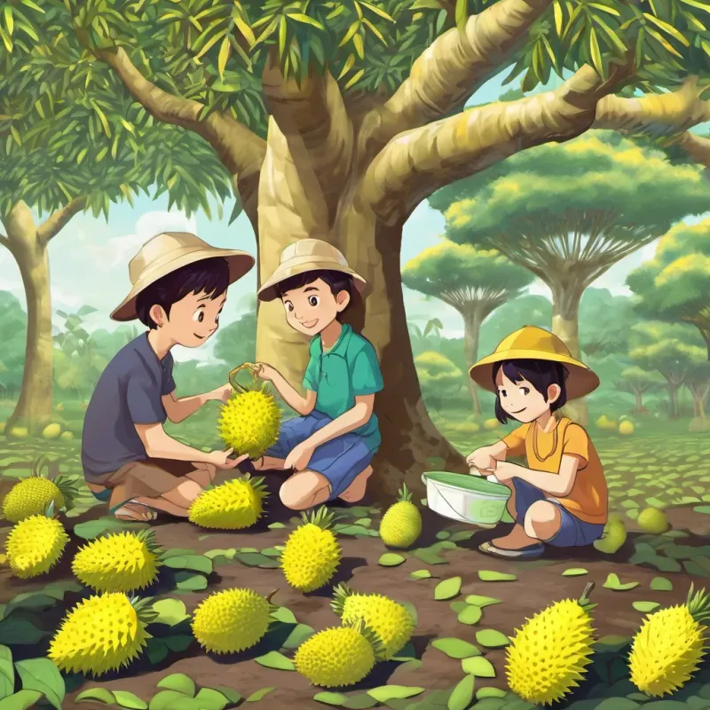 One day, the four brothers were working in the durian orchard. They encountered a problem. Some of the durian trees began to have yellow leaves and small durian fruits began to fall off. Big Brother called a family meeting to find a solution to the problem. P'Klang suggested that “We should try out the new fertilizer formula I invented. This may help the durian trees come back strong.” The youngest agreed and said, "Yes. We should pay more attention to watering and taking better care of the durian trees."