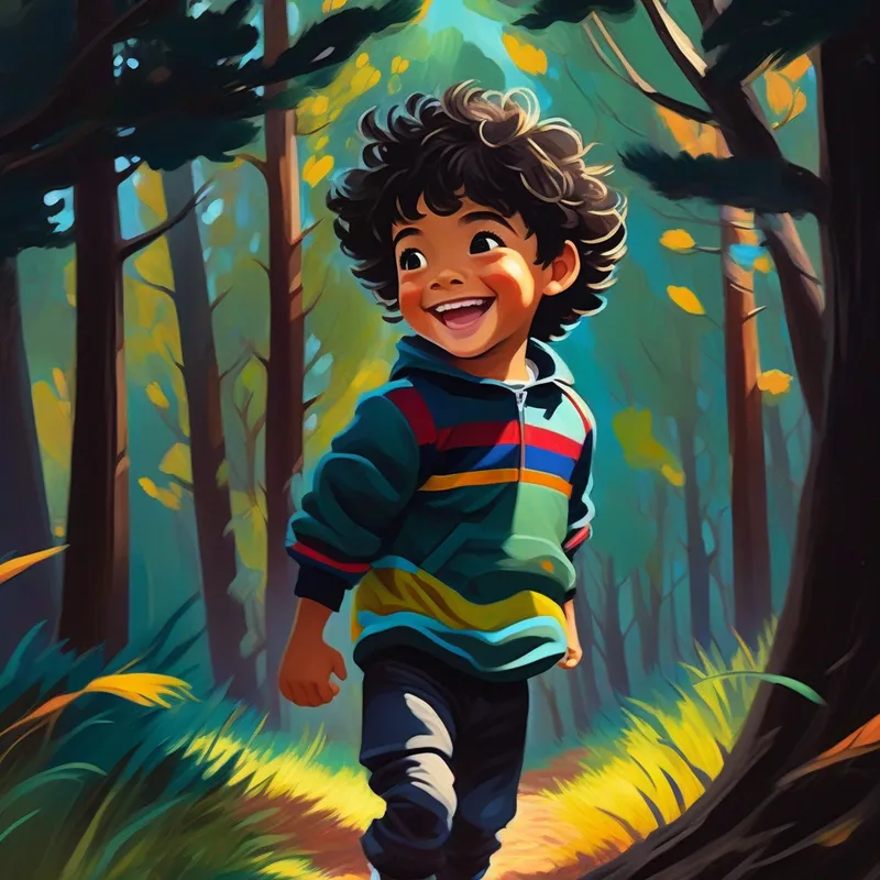 Niño con cabello oscuro y brillante sonrisa, vistiendo ropa deportiva. perdido en el bosque, colores oscuros y árboles altos.