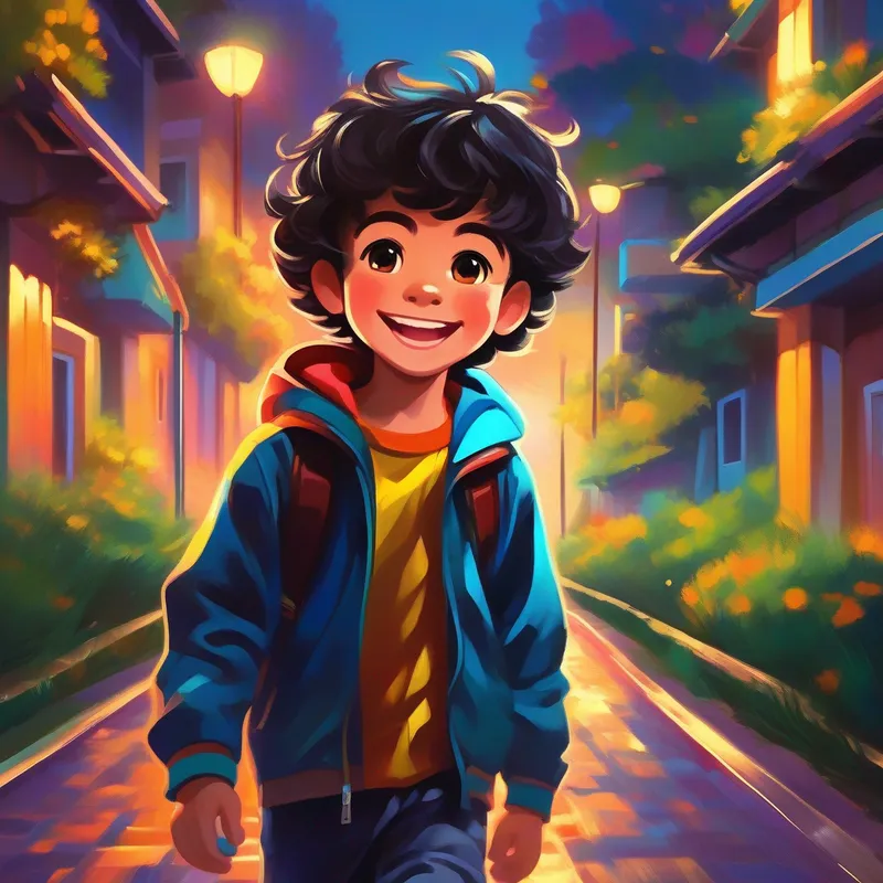 Niño con cabello oscuro y brillante sonrisa, vistiendo ropa deportiva. encontrando su camino de regreso a casa, colores brillantes y sonrisa en su rostro.
