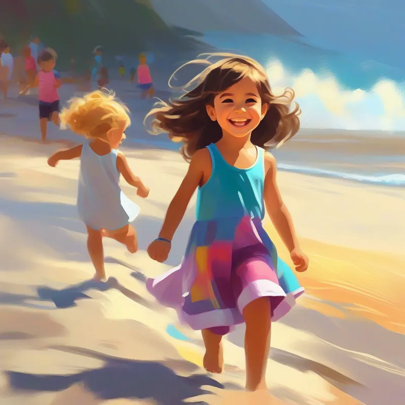 Niño con cabello oscuro y brillante sonrisa, vistiendo ropa deportiva. y Niña pequeña con cabello rubio y vestido colorido. construyendo castillos de arena, colores claros y playa soleada.