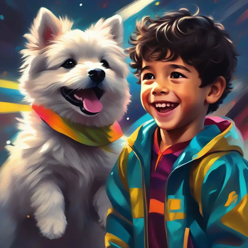Niño con cabello oscuro y brillante sonrisa, vistiendo ropa deportiva. abrazando a un perro, colores brillantes y alegría en su rostro.