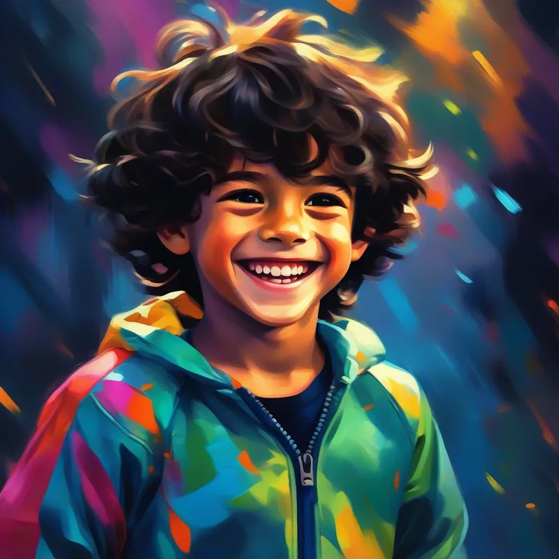 Niño con cabello oscuro y brillante sonrisa, vistiendo ropa deportiva. sonriendo y ayudando a otros, colores brillantes y amorosos.