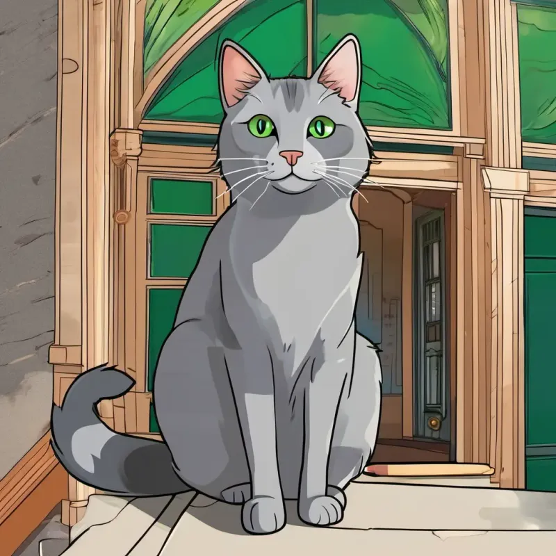 Gray cat with green eyes is a gray cat with green eyes. The house is on Maple Street.