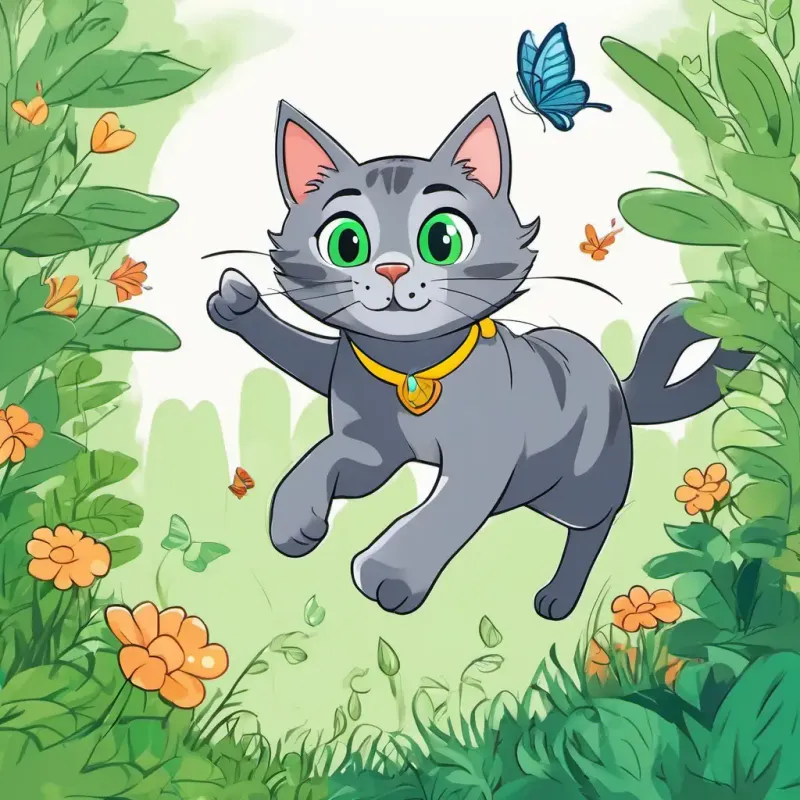 Gray cat with green eyes stretching and going on an adventure. He is following butterflies and jumping over bushes.