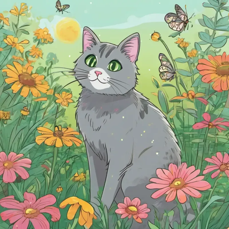 Gray cat with green eyes in a garden, sniffing flowers and playing hide-and-seek. Bees are buzzing around.