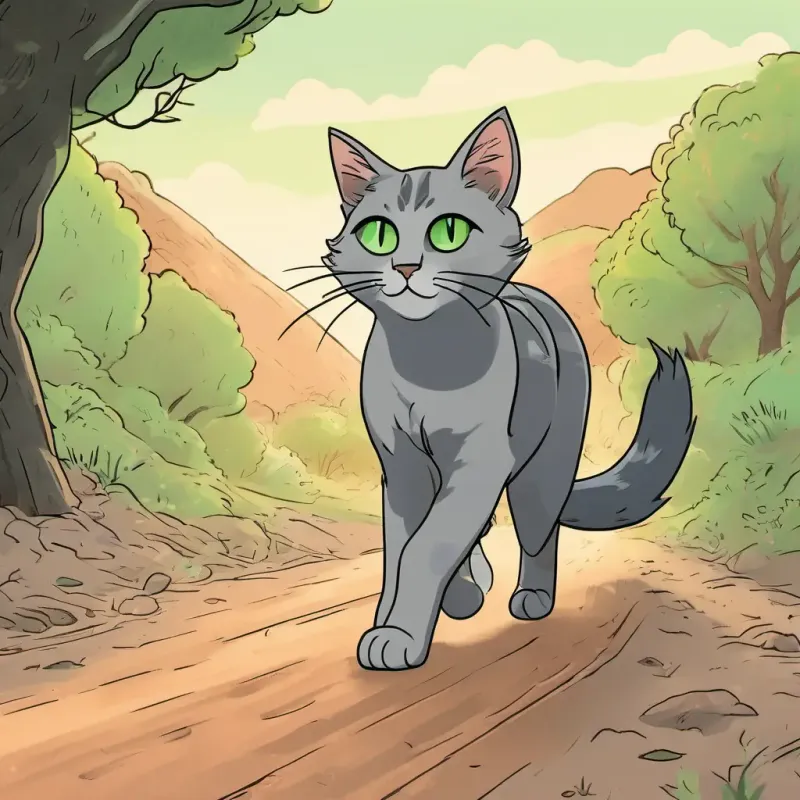 Gray cat with green eyes walking on a dusty road. He hears a meow and climbs a tree to rescue a kitten.