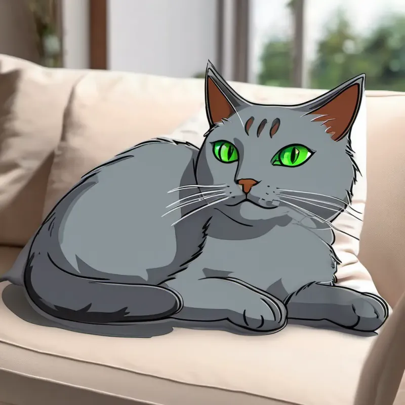 Gray cat with green eyes is home, cuddling on a pillow and feeling grateful for the day.