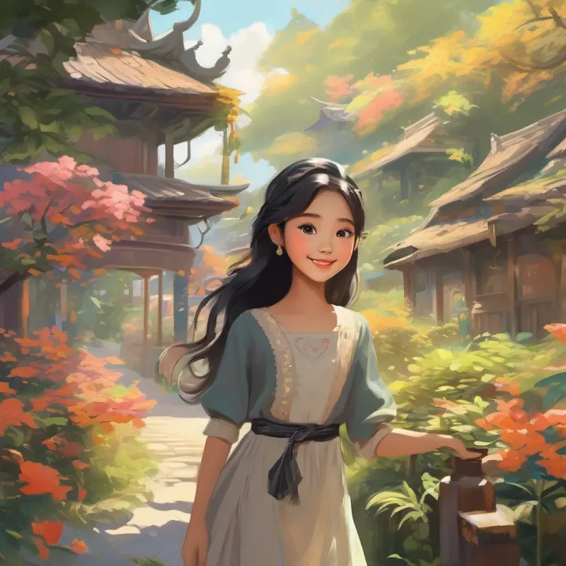 A sunny day in a whimsical land with A young Thai girl with beautiful eyes, fair skin, long, flowing hair, wearing black, and always smiling, a young girl with beautiful eyes, fair skin, long hair dressed in black, smiling brightly.
