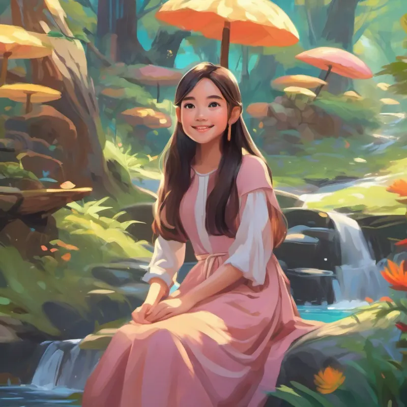 A young Thai girl with beautiful eyes, fair skin, long, flowing hair, wearing black, and always smiling exploring colorful and magical places like Wiggly Woods, Happy Hills, and Silly Stream, surrounded by whimsical scenery.