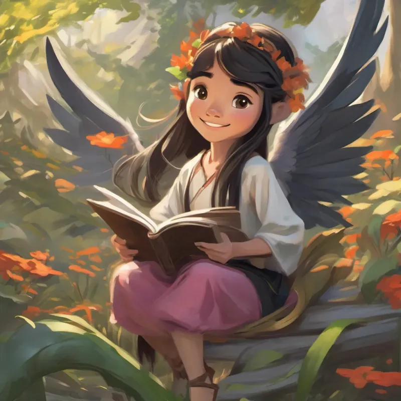 A young Thai girl with beautiful eyes, fair skin, long, flowing hair, wearing black, and always smiling smiling and taking the wings from the goblin, who looks grumpy but resigned.