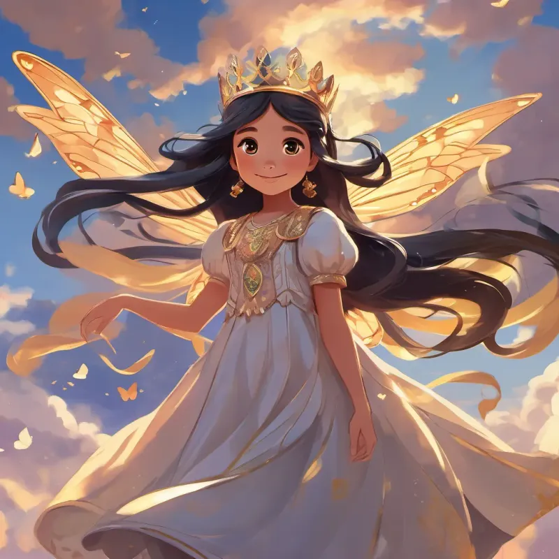 A tiny, glowing butterfly with a crown, representing the Butterfly Queen the Butterfly Queen taking flight with her golden wings, while A young Thai girl with beautiful eyes, fair skin, long, flowing hair, wearing black, and always smiling watches happily in a bright, magical sky.
