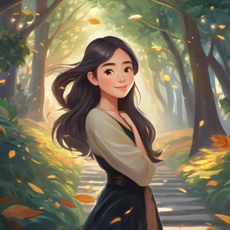 A young Thai girl with beautiful eyes, fair skin, long, flowing hair, wearing black, and always smiling on a sparkly path, hearing the wind whooshing and leaves rustling in an enchanted forest.
