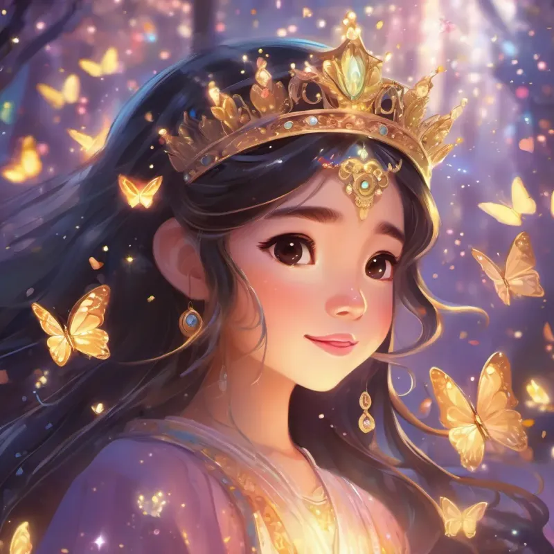 A glowing butterfly with a crown, surrounded by magical sparkles, with A young Thai girl with beautiful eyes, fair skin, long, flowing hair, wearing black, and always smiling looking in awe.