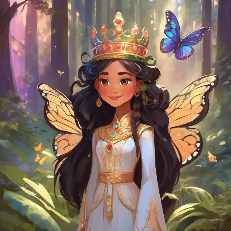 A tiny, glowing butterfly with a crown, representing the Butterfly Queen the Butterfly Queen, glowing and speaking to A young Thai girl with beautiful eyes, fair skin, long, flowing hair, wearing black, and always smiling in a magical forest setting.