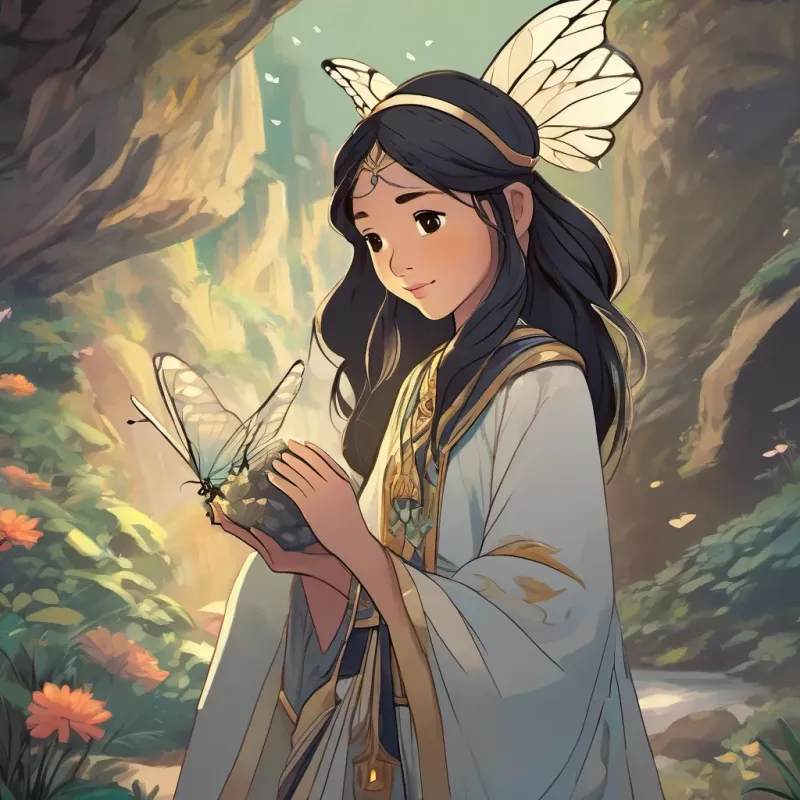 A young Thai girl with beautiful eyes, fair skin, long, flowing hair, wearing black, and always smiling speaking with A tiny, glowing butterfly with a crown, representing the Butterfly Queen the Butterfly Queen, who looks distressed while explaining about her stolen wings, near a dark cave.