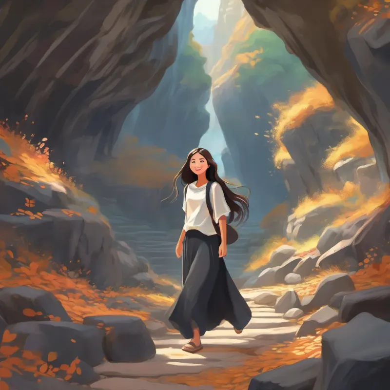 A young Thai girl with beautiful eyes, fair skin, long, flowing hair, wearing black, and always smiling courageously walking towards the Gloomy Cave, singing joyfully. The sky is bright with whimsical imagery.