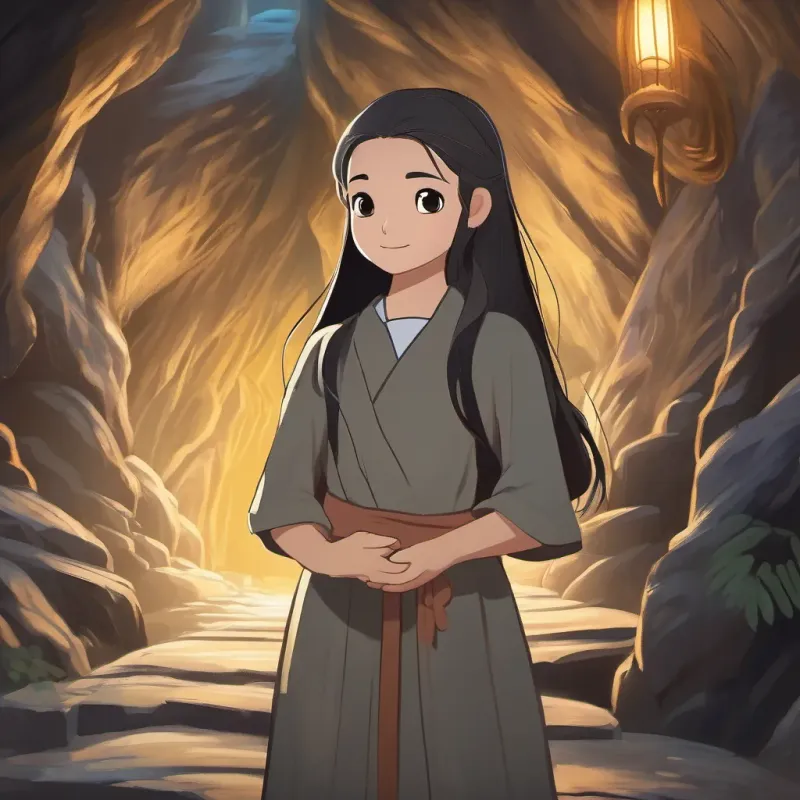 A dark, spooky cave with a small glimmer of gold visible, and A young Thai girl with beautiful eyes, fair skin, long, flowing hair, wearing black, and always smiling standing at the entrance, looking determined.