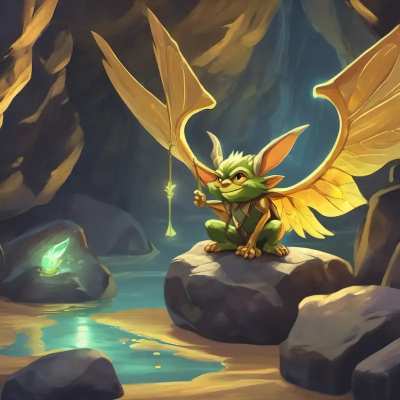 A mischievous goblin guarding a pair of glowing golden wings on a rock inside a dark and spooky cave.
