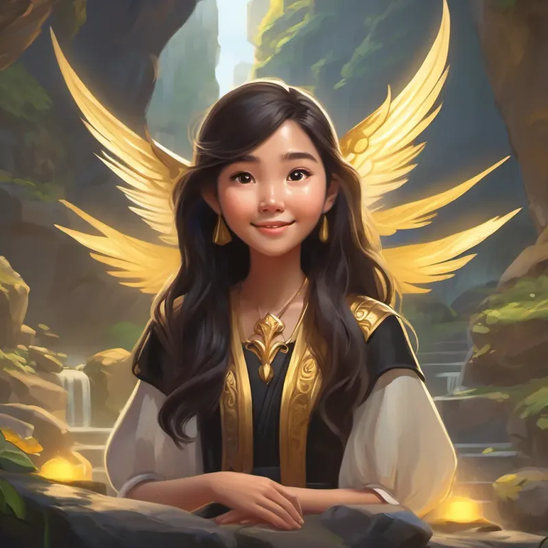 A young Thai girl with beautiful eyes, fair skin, long, flowing hair, wearing black, and always smiling confidently speaking to the goblin, who looks unsure, while the golden wings glow brightly on a rock.