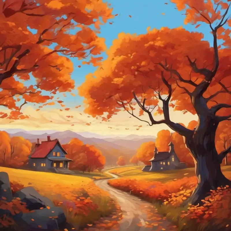 In a land far away, a beautiful autumn landscape with orange, red, and gold trees. The air is cool and crisp, with a gentle breeze rustling the leaves.