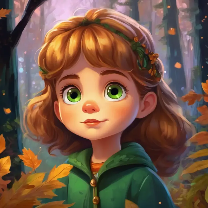 A little girl with golden brown hair and sparkly green eyes in the forest, calling out to the squirrel with bright, beady eyes.