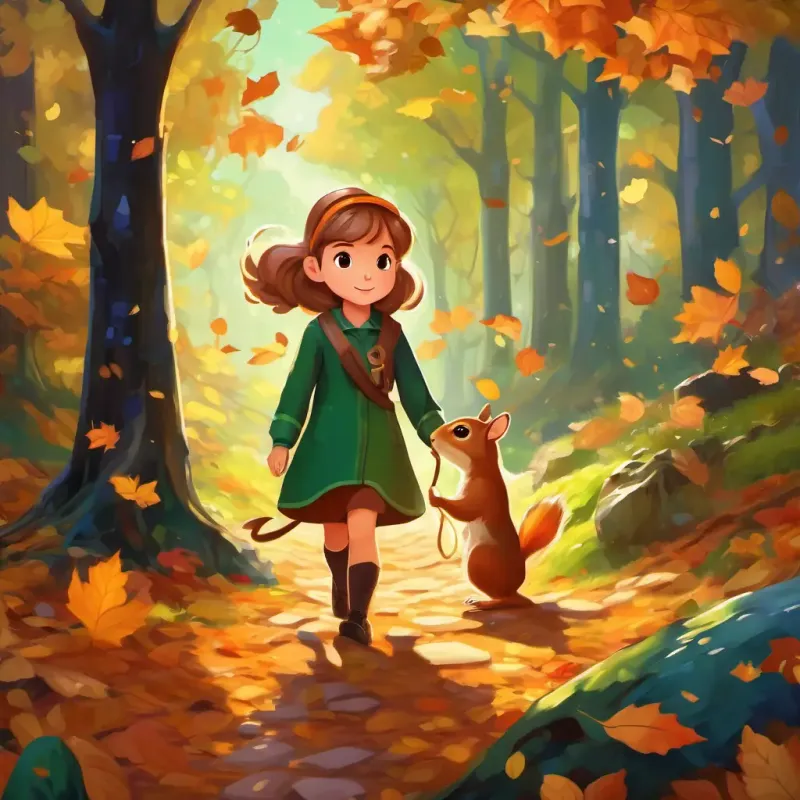 A little girl with golden brown hair and sparkly green eyes with the squirrel on her shoulder, exploring the colorful landscape and crunching leaves beneath their feet.