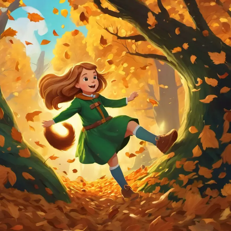 A little girl with golden brown hair and sparkly green eyes and the squirrel in a hidden clearing, jumping into a giant pile of leaves.