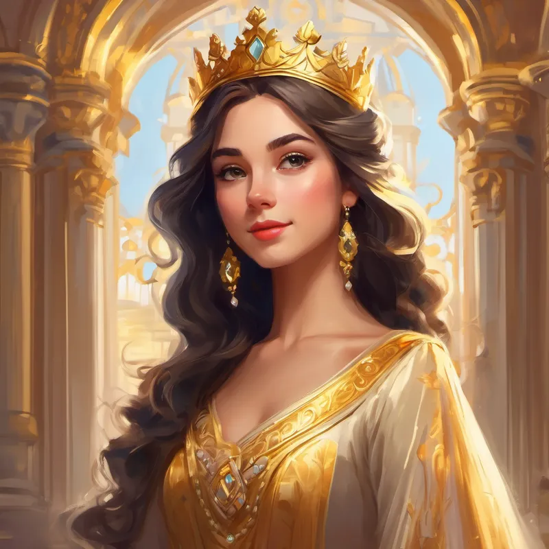Beautiful princess with a golden crown and flowing gown. stands in a royal palace with a crown