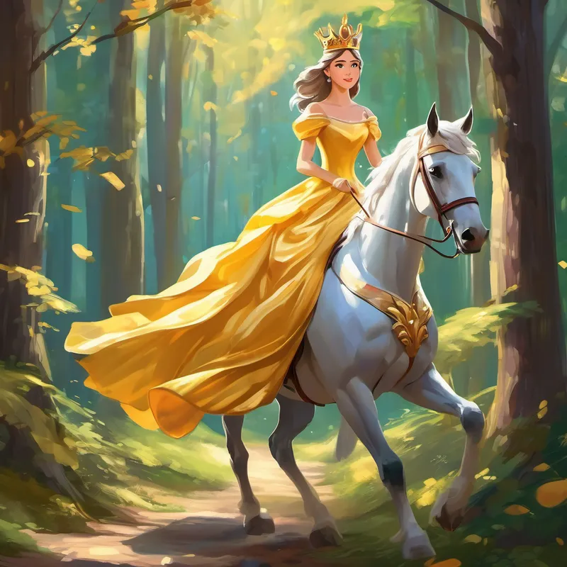 Beautiful princess with a golden crown and flowing gown. rides a horse through a forest