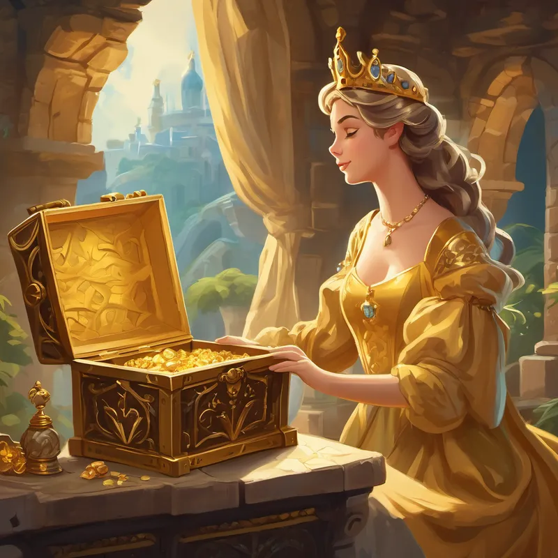 Beautiful princess with a golden crown and flowing gown. looks at a treasure chest on a map