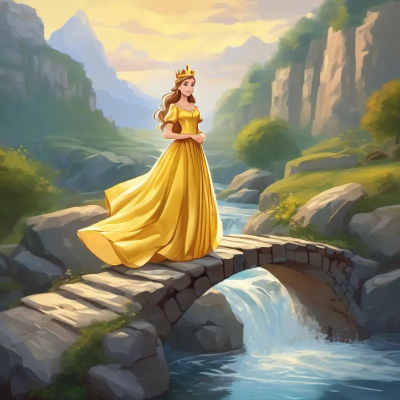 Beautiful princess with a golden crown and flowing gown. crosses a rocky bridge over a river