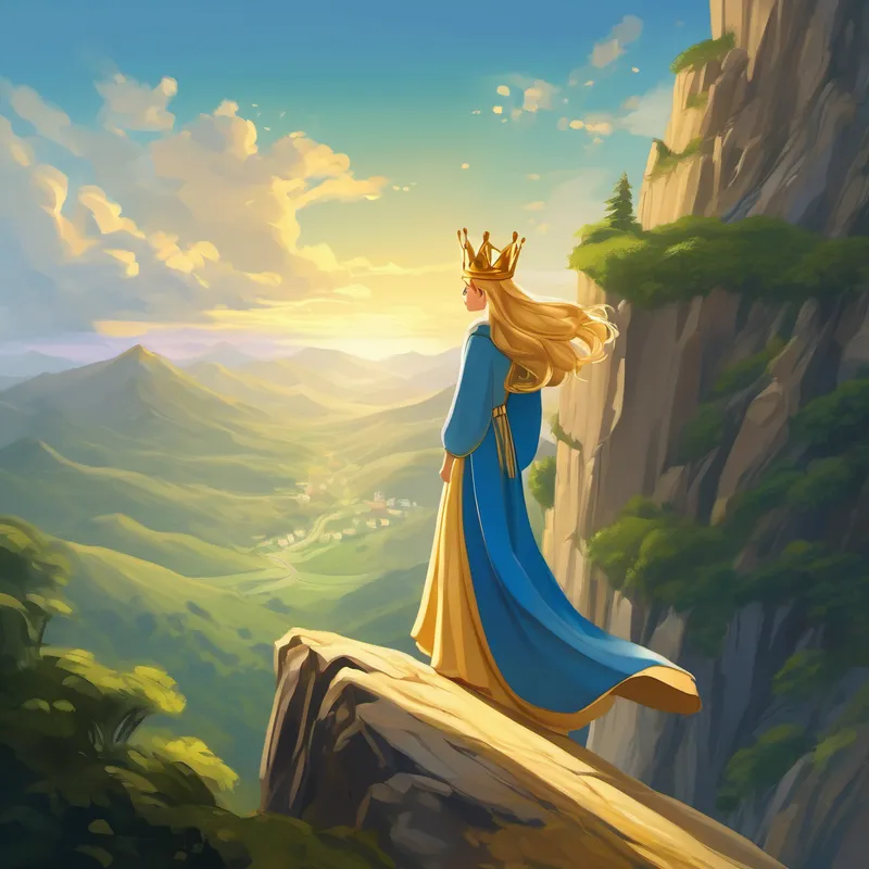 Beautiful princess with a golden crown and flowing gown. climbs a tall mountain with determination
