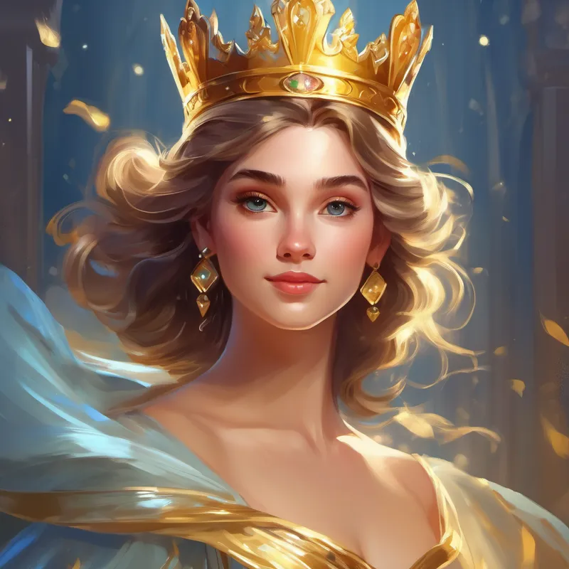Beautiful princess with a golden crown and flowing gown. holds a shiny crown in her hands