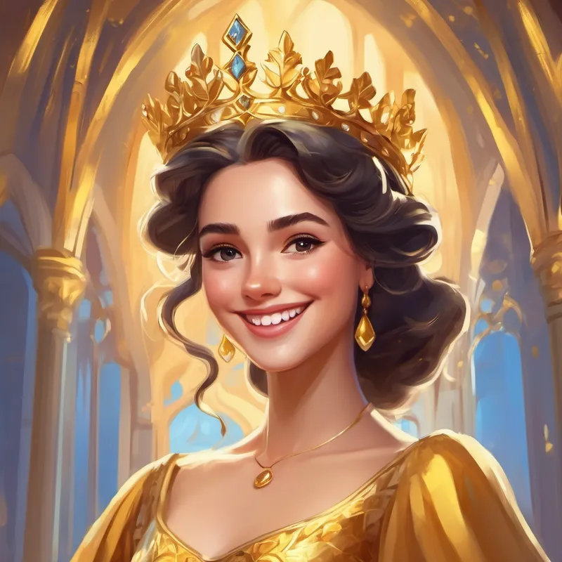 Beautiful princess with a golden crown and flowing gown. smiles and waves to the reader