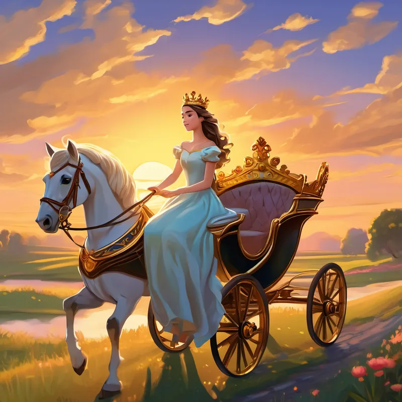 Beautiful princess with a golden crown and flowing gown. rides a carriage into the sunset