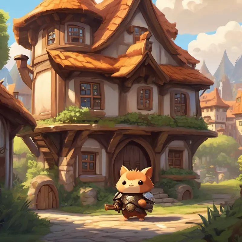 A cozy, little city with cute wooden houses and a big castle at the center. Small, round creature with spiky brown fur and kind brown eyes, a small and round creature, is dressed in shiny armor and carries a sword.