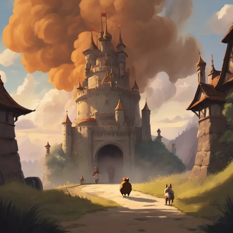 The castle gates wide open, Small, round creature with spiky brown fur and kind brown eyes stands in front of the king, who appears anxious and concerned. Smoke rises in the distance.