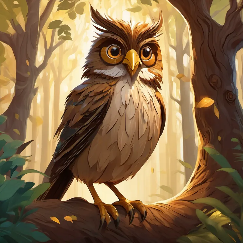 Small, round creature with spiky brown fur and kind brown eyes walking through the ancient Enchanted Forest with towering trees and rays of sunlight passing through. Wise bird with big round eyes, brown and cream feathers, with big round eyes and feathers of brown and cream, is perched on a tree branch.