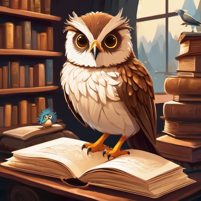Small, round creature with spiky brown fur and kind brown eyes, surrounded by books and scrolls, listens to Wise bird with big round eyes, brown and cream feathers's wisdom. Wise bird with big round eyes, brown and cream feathers's eyes shine with wisdom, and he is perched in his cozy nest.