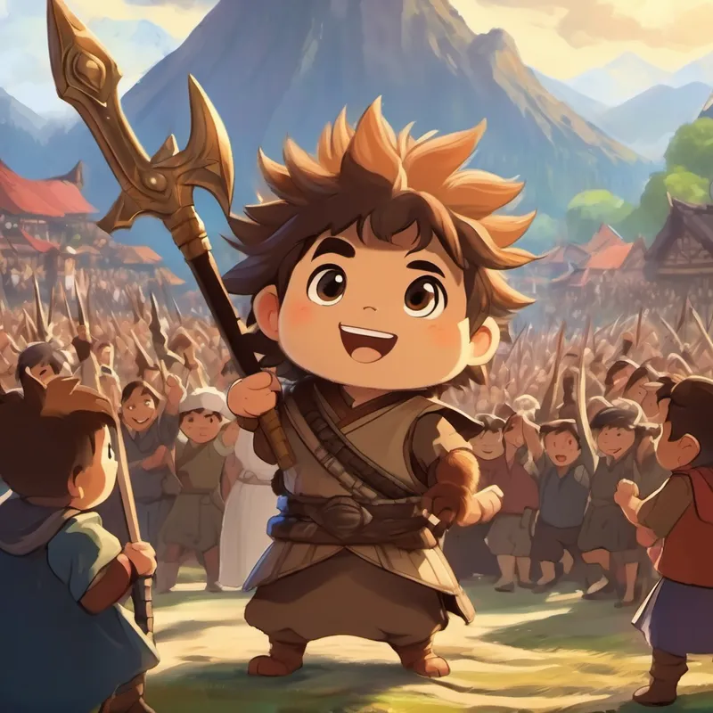 Small, round creature with spiky brown fur and kind brown eyes stands in front of a gathered crowd of happy and hopeful villagers. He holds his sword up high, ready to fight the dragon.