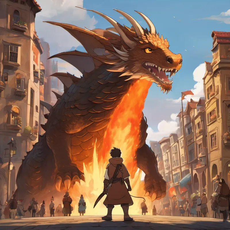 Small, round creature with spiky brown fur and kind brown eyes stands tall, shield in hand, facing the dragon with its fiery breath. The city is visible in the background, and the townspeople watch in awe.