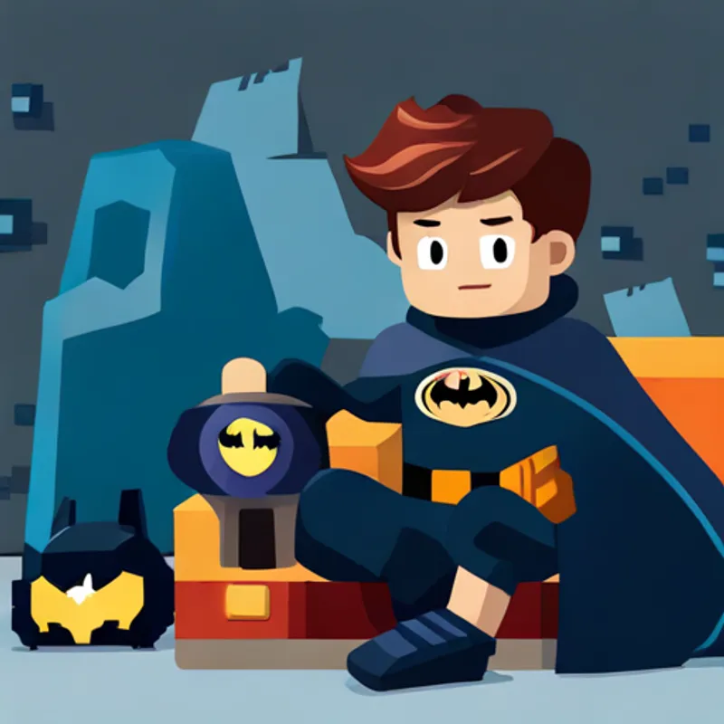 little boy in Dark knight in black cape and cowl costume with determined look lying in bed surrounded by Batman toys