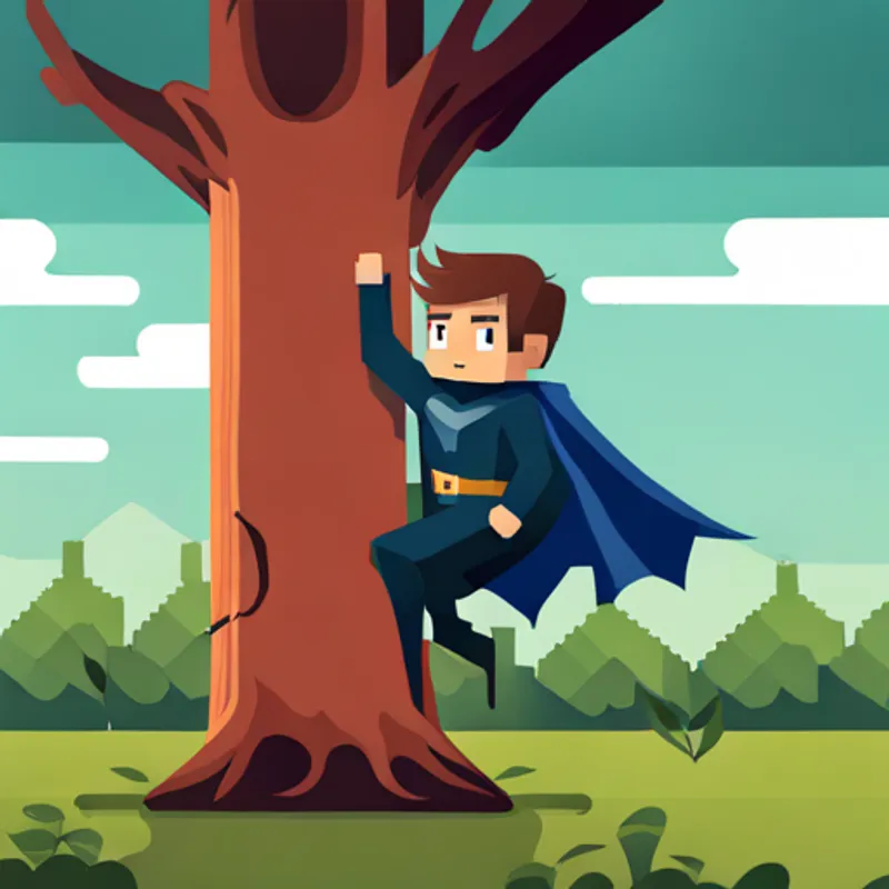 little boy in Dark knight in black cape and cowl costume with determined look climbing a tree to rescue a kitten