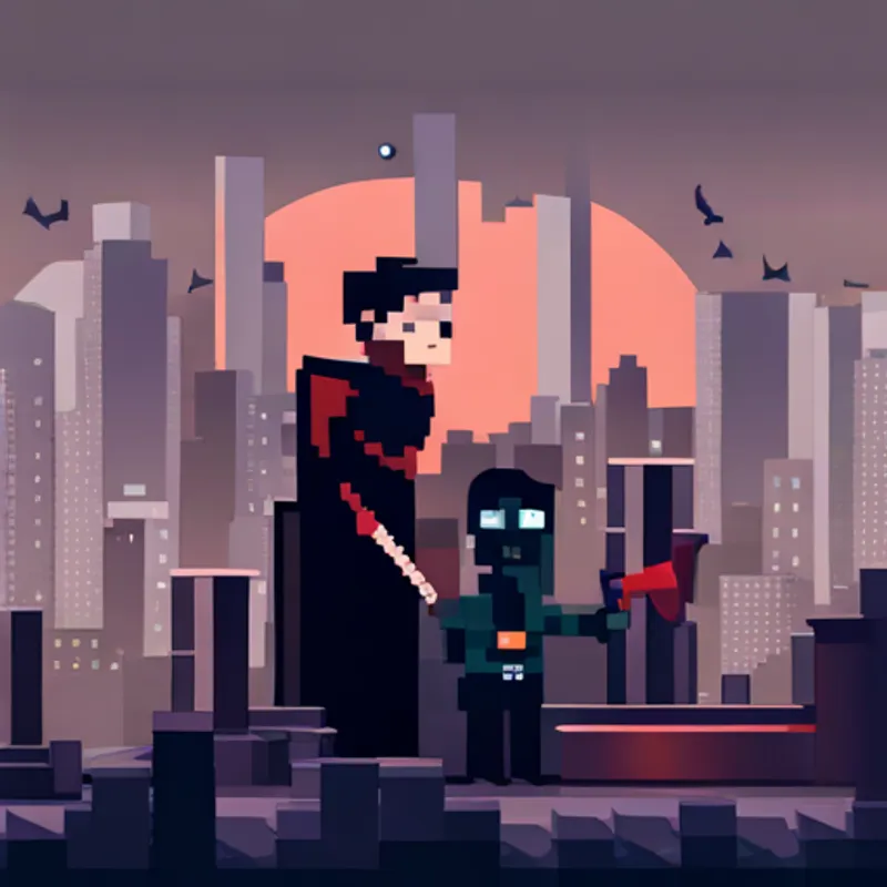little boy in Dark knight in black cape and cowl costume with determined look holding a hammer and helping Mrs Johnson on the roof